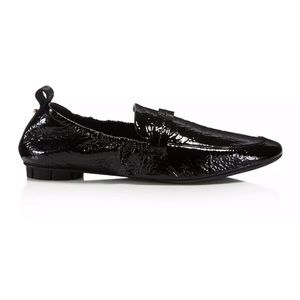 Ferragamo black patent Lipari moccasin loafers.